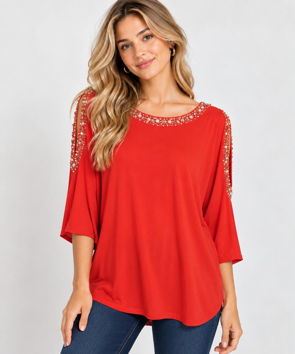 Susan Graver Liquid Knit Blouse Women's Size 2X Orange Embellished Cold Shoulder